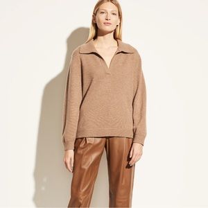 Vince Wool Cashmere Open Neck Polo in Heather Chestnut Size XL